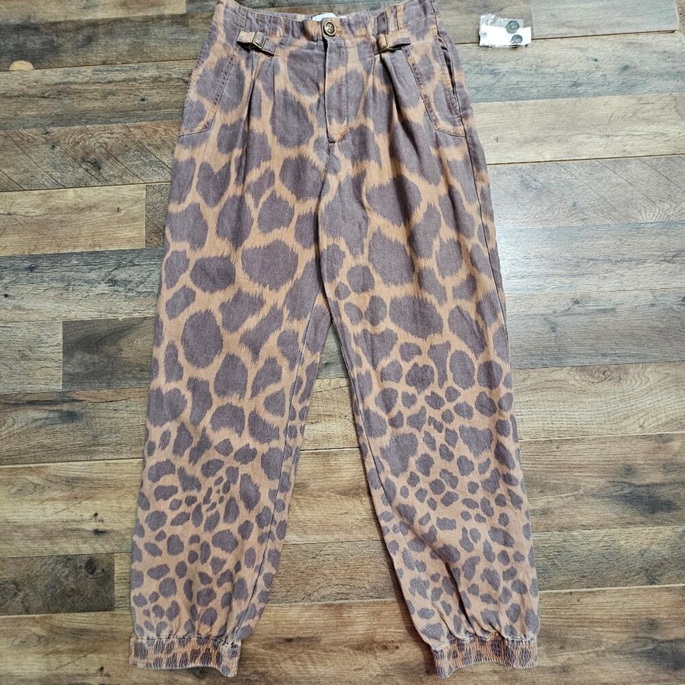 New By Anthropologie Leopard Print Jogger Pants Size 4 High Rise Zip Cuffs Baggy - Picture 3 of 14